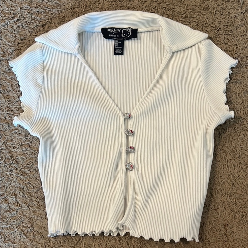 Hello Kitty Cream Ribbed Crop Button Down Shirt